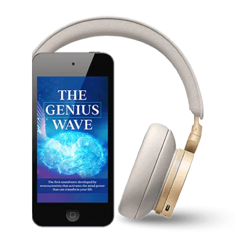 The Genius Wave™ digital audio program displayed on a mobile device with headphones for brainwave relaxation and focus sessions