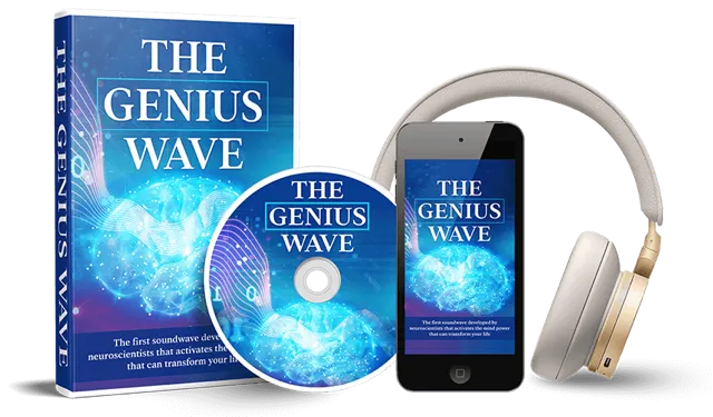 The Genius Wave™ complete digital audio program package with book cover, audio disc, smartphone display, and headphones