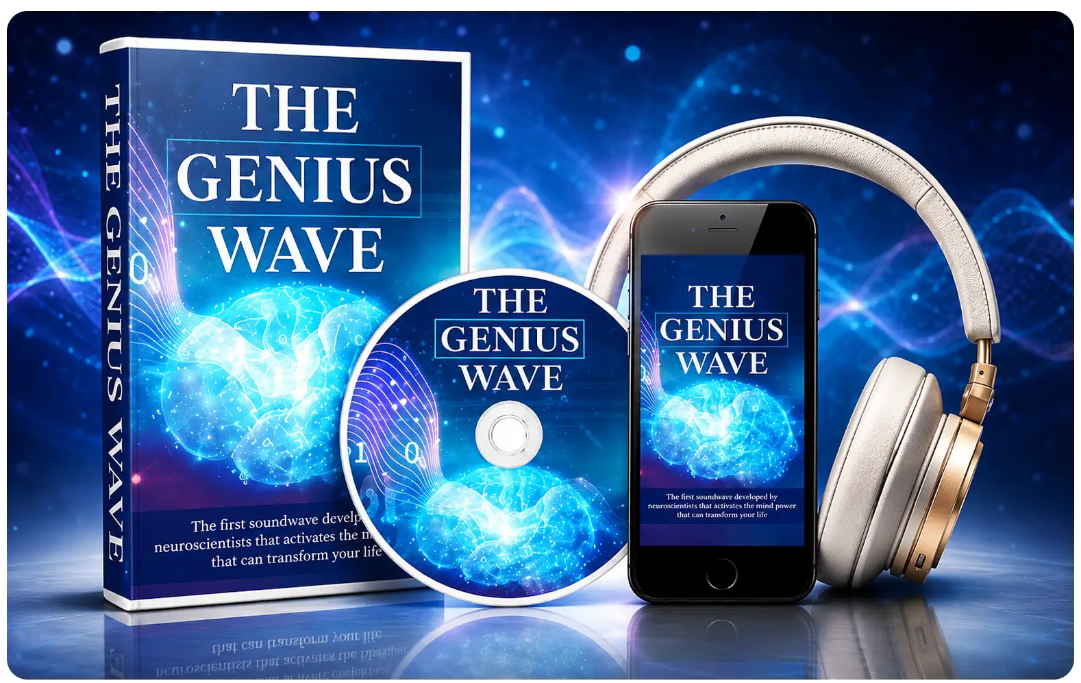 Premium product mockup of The Genius Wave™ audio program featuring digital course box, mobile device, headphones, and brainwave-themed design